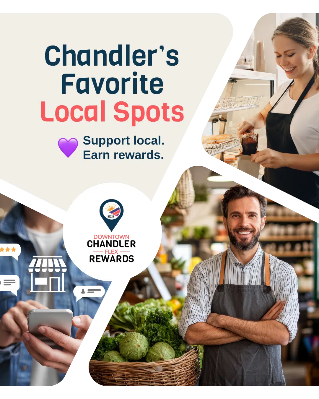 Hand holding a smartphone displaying the Chandler Flex Rewards Loyalty App interface with digital punch cards and rewards.